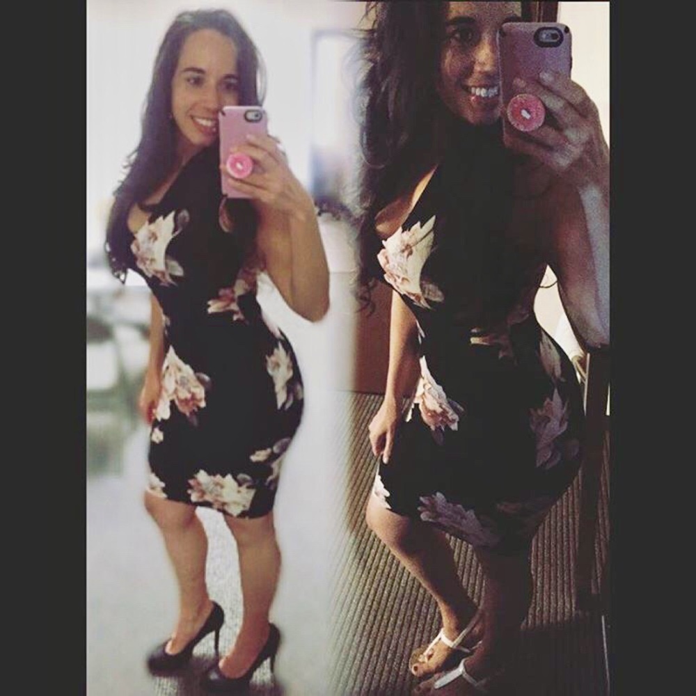 Floral and black fitted knee length dress